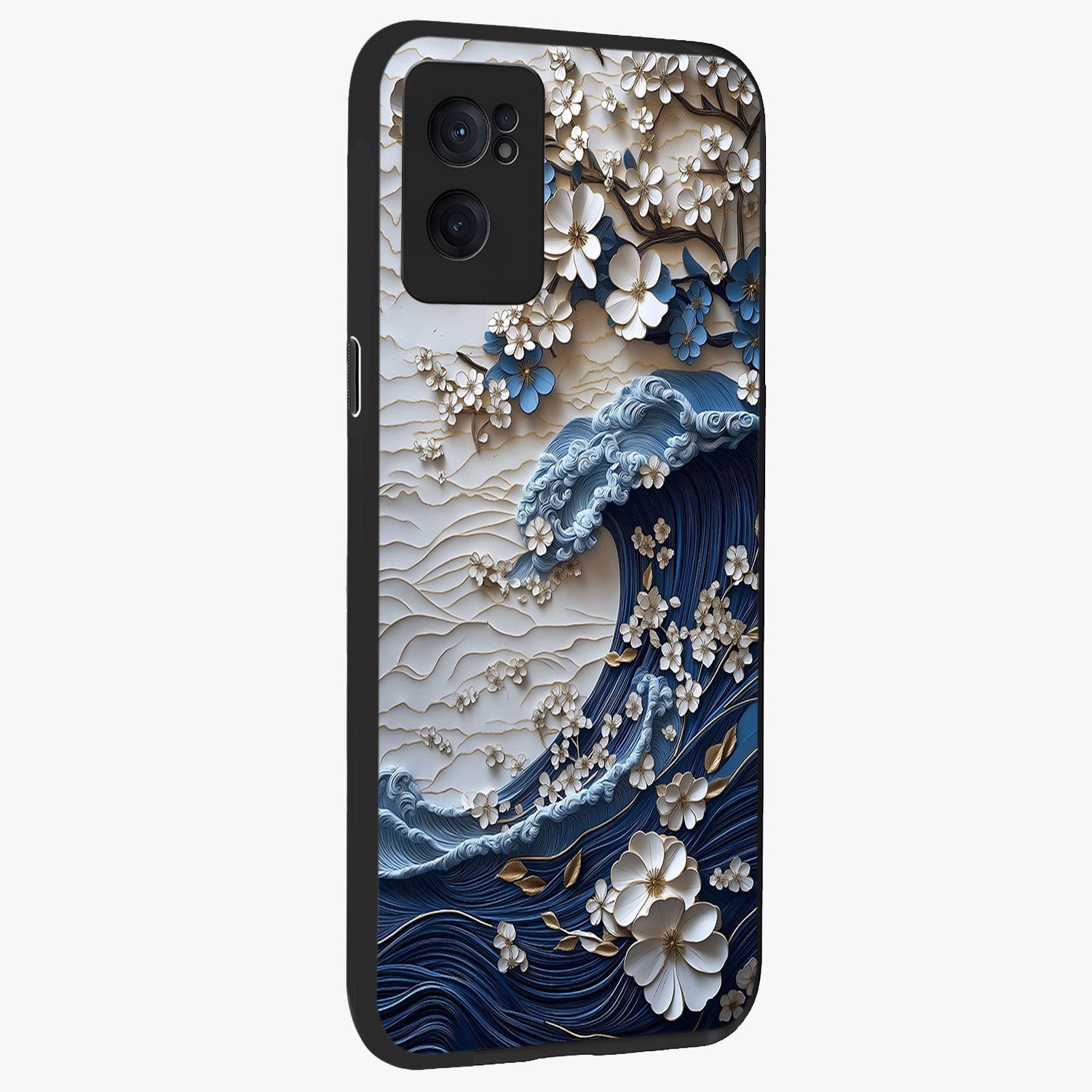 Floral Wave Origami Glass Case for 1+Nord CE 2  angled mockup showcasing glossy glass finish and geometric bloom detailing