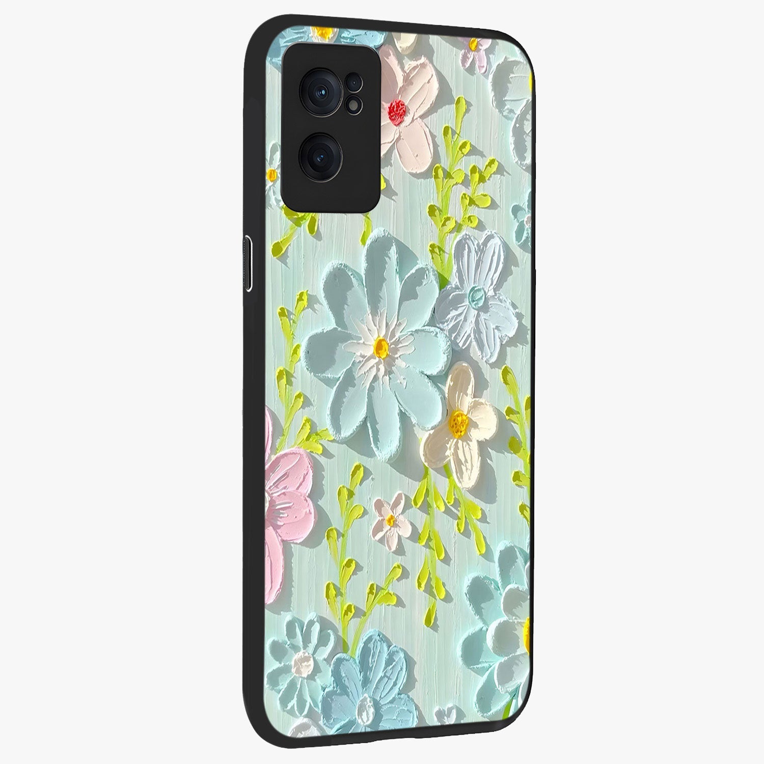 Frosted Petal Garden Glass Case for 1+Nord CE 2  angled mockup showcasing glossy finish and pastel bloom detailing