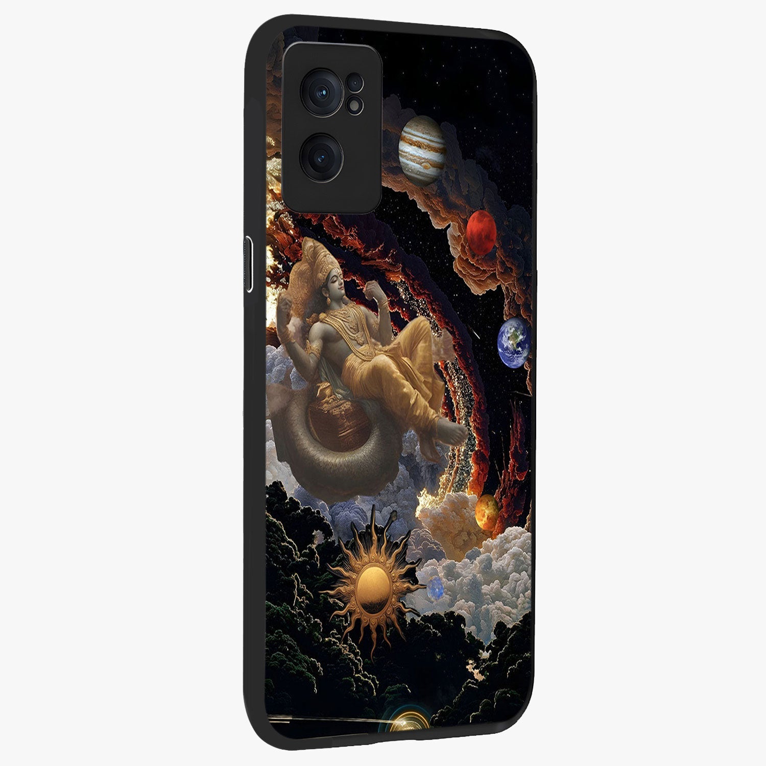 Galactic Divine God Glass Case for 1+Nord CE 2  angled mockup showcasing glossy finish and celestial spiritual tones