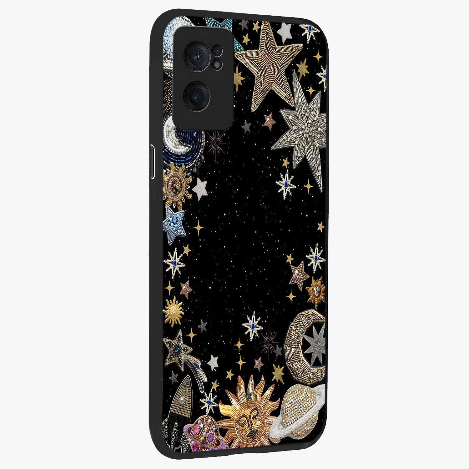 Galactic Jewel Stars Glass Case for 1+Nord CE 2  angled mockup showcasing glossy finish and radiant cosmic tones