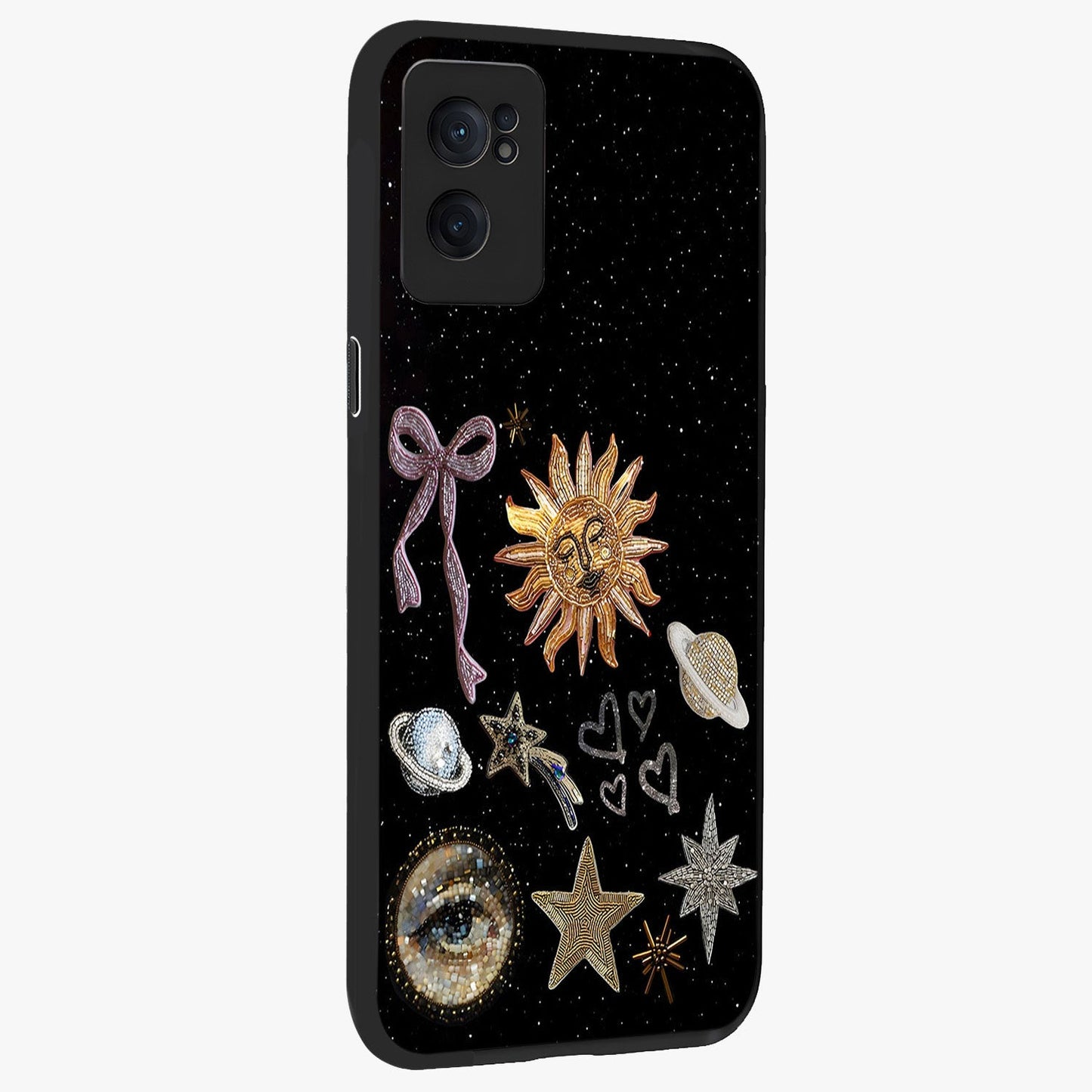 Galactic Sun Charm Glass Case for 1+Nord CE 2  angled mockup showcasing glossy finish and warm galaxy tones