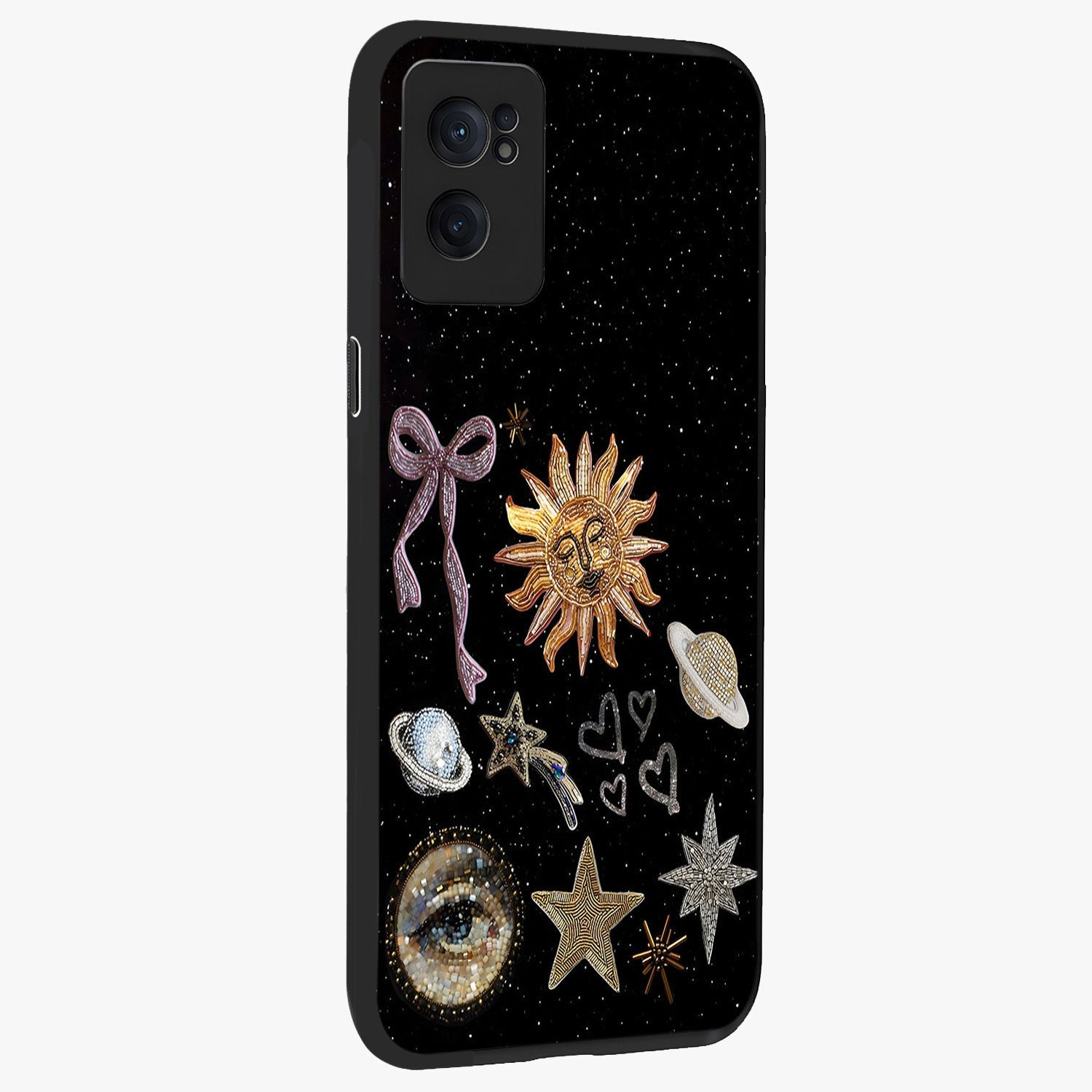 Galactic Sun Charm Glass Case for 1+Nord CE 2  angled mockup showcasing glossy finish and warm galaxy tones