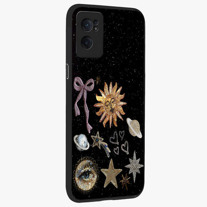 Galactic Sun Charm Glass Case for 1+Nord CE 2  angled mockup showcasing glossy finish and warm galaxy tones