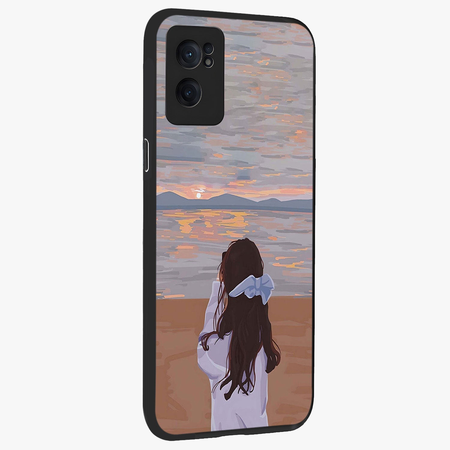 Girl Facing Sunset Beach Glass Case for 1+Nord CE 2  angled mockup showcasing glossy glass finish and warm beach tones
