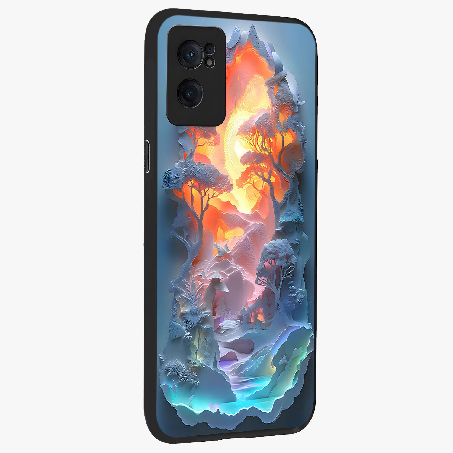 Glow Forest Portal Glass Case for 1+Nord CE 2  angled mockup showcasing glossy finish and luminous green tones
