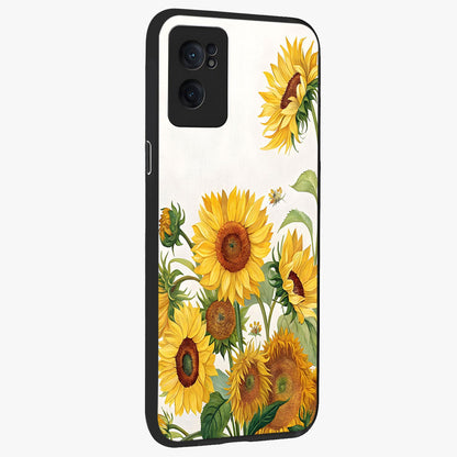 Golden Bloom Fields Glass Case for 1+Nord CE 2  angled mockup showcasing glossy finish and warm golden gradients