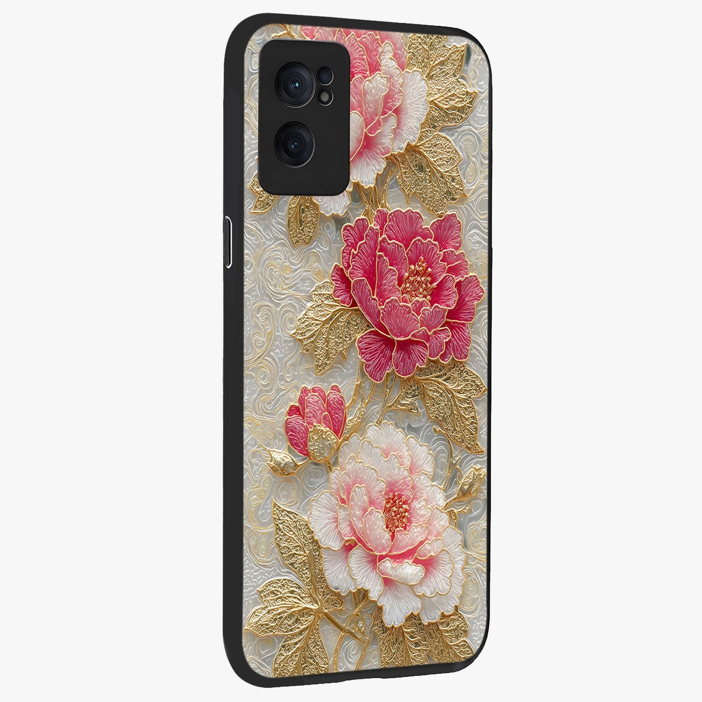 Golden Blossom Elegance Glass Case for 1+Nord CE 2  angled mockup showcasing glossy finish and luxurious bloom tones