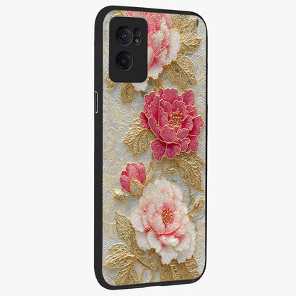 Golden Blossom Elegance Glass Case for 1+Nord CE 2  angled mockup showcasing glossy finish and luxurious bloom tones