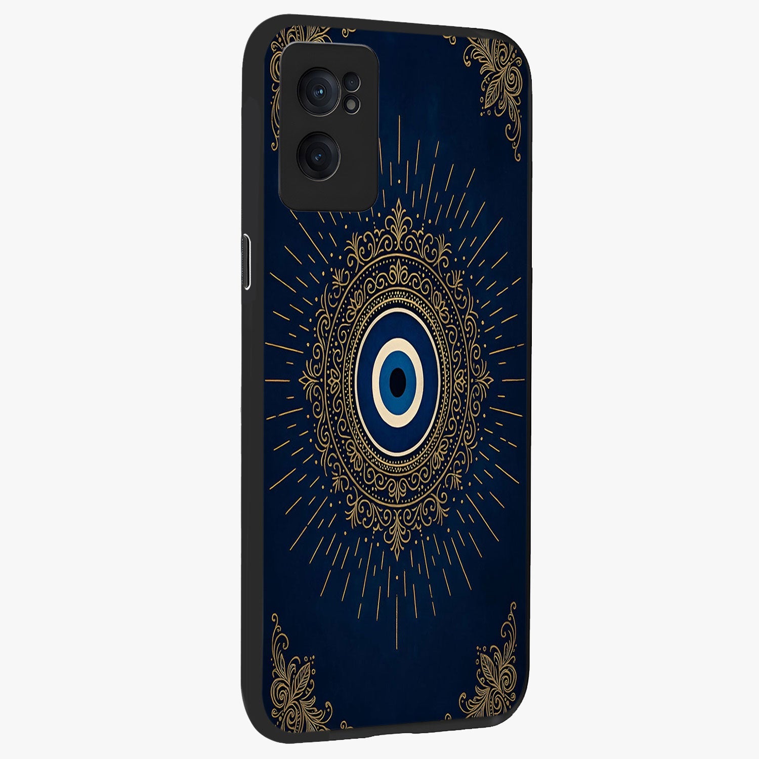 Golden Evil Eye Mandala Glass Case for 1+Nord Ce 2  angled mockup showcasing glossy finish and detailed ornamental design