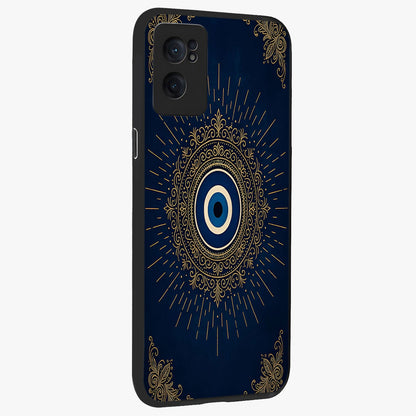 Golden Evil Eye Mandala Glass Case for 1+Nord Ce 2  angled mockup showcasing glossy finish and detailed ornamental design