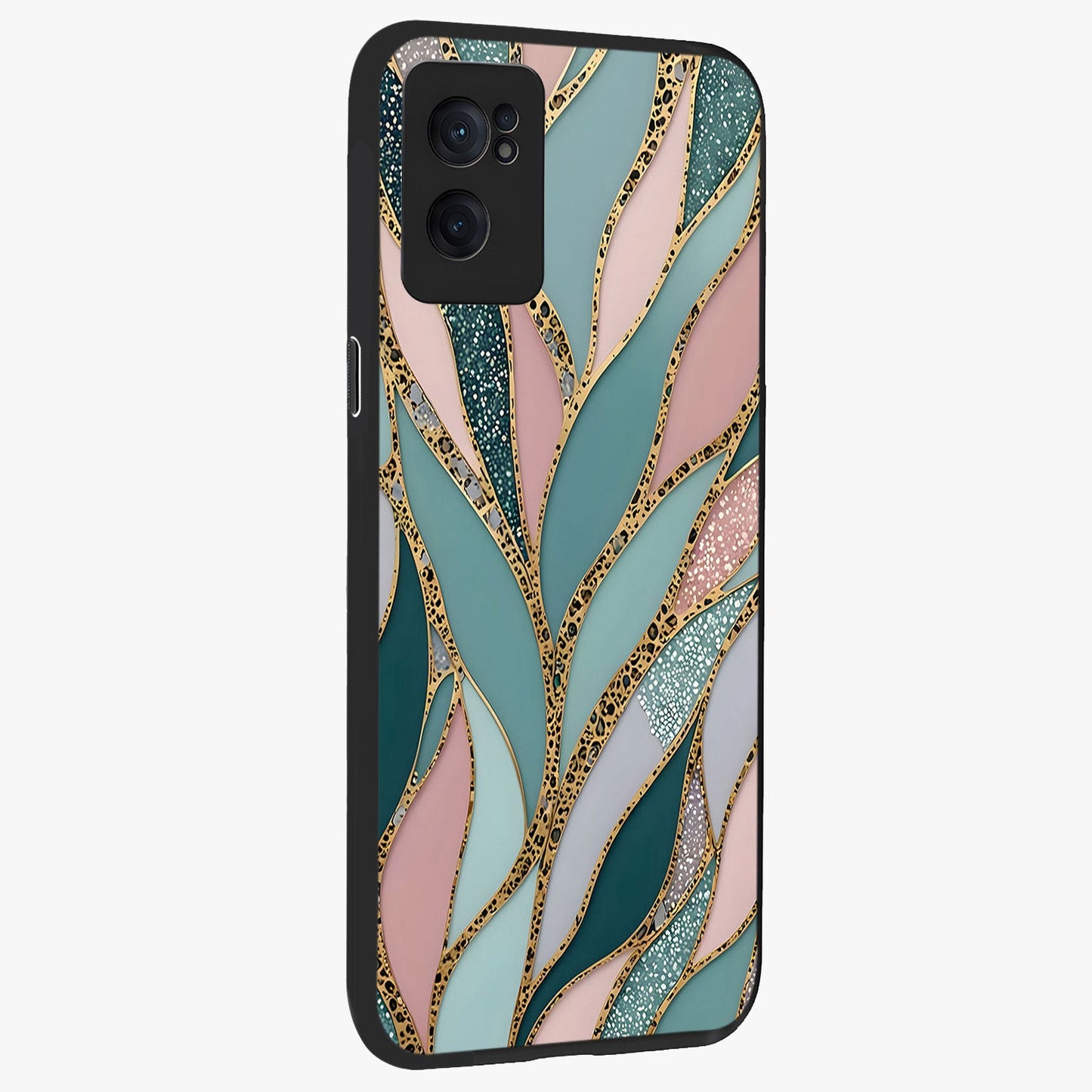 Golden Leaf Dreams Glass Case for 1+Nord CE 2  angled mockup showcasing glossy finish and refined botanical tones