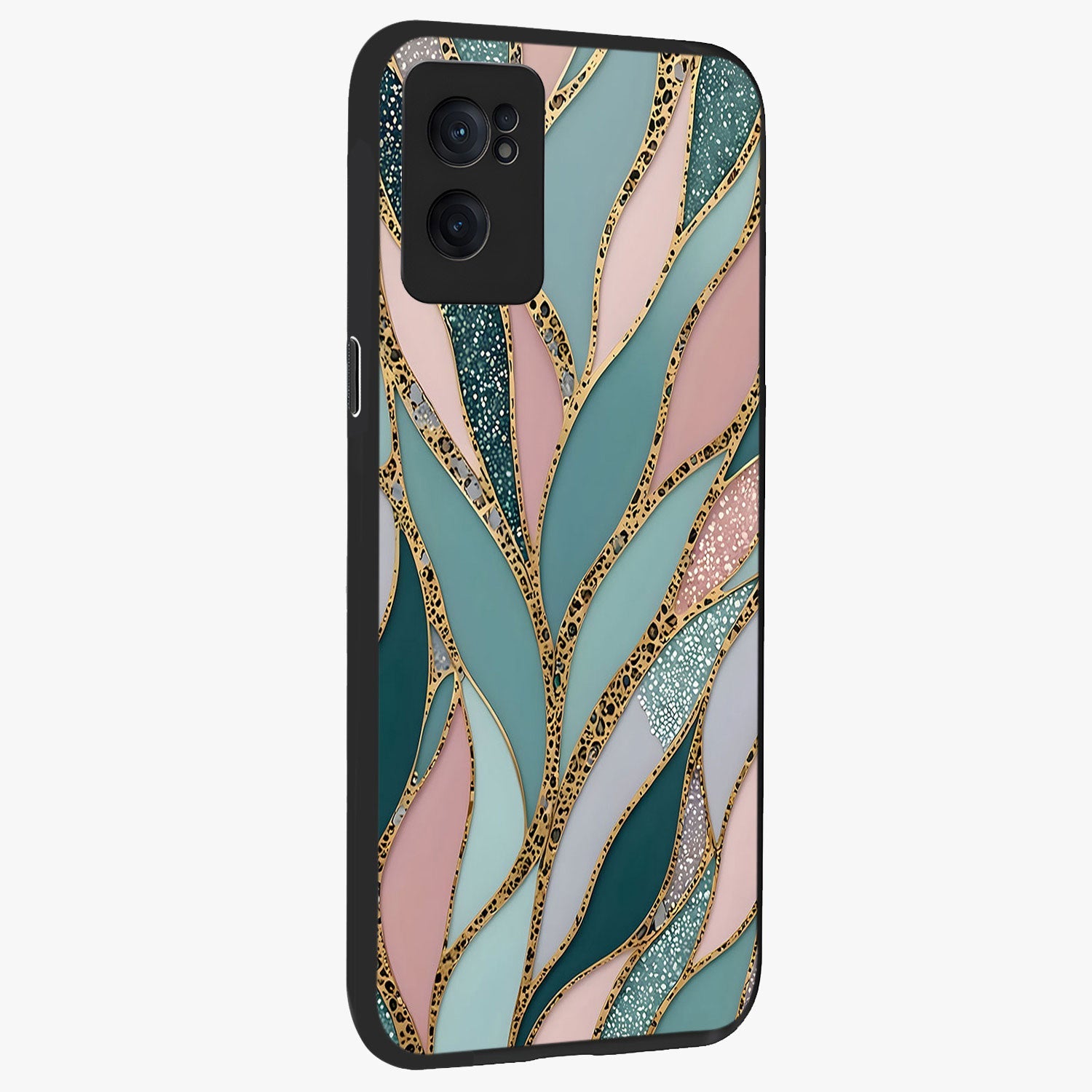 Golden Leaf Dreams Glass Case for 1+Nord CE 2  angled mockup showcasing glossy finish and refined botanical tones