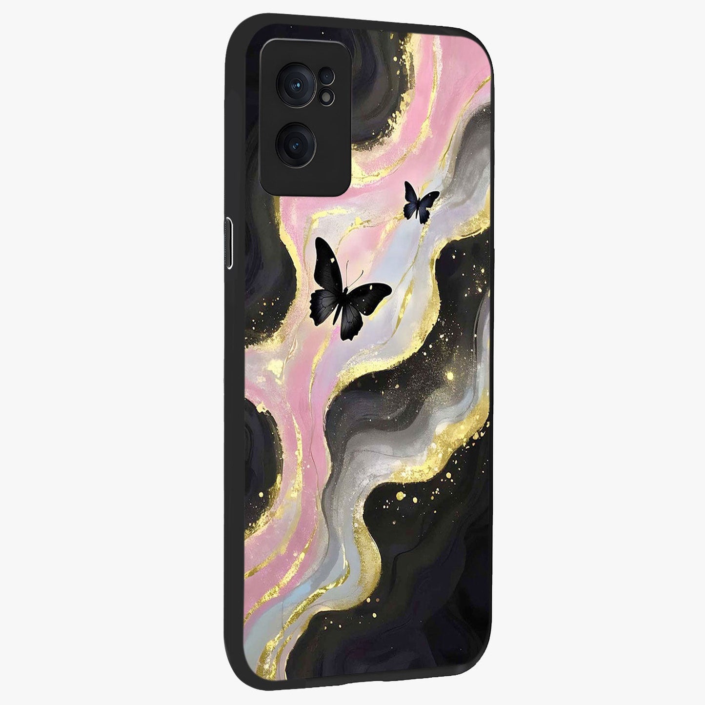 Golden Mist Butterflies Glass Case for 1+Nord CE 2  angled mockup showcasing glossy glass finish and luminous detailing
