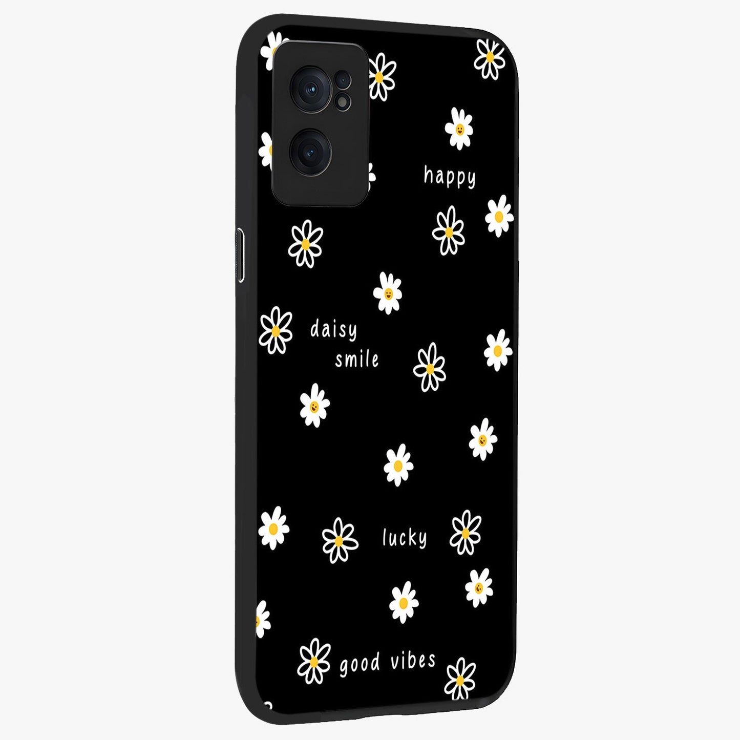 Good Vibes Daisy Black Pattern Glass Case for 1+Nord CE 2  angled mockup showcasing glossy finish and bold floral contrast