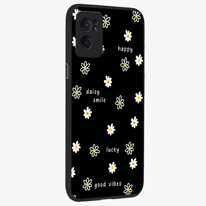 Good Vibes Daisy Black Pattern Glass Case for 1+Nord CE 2  angled mockup showcasing glossy finish and bold floral contrast