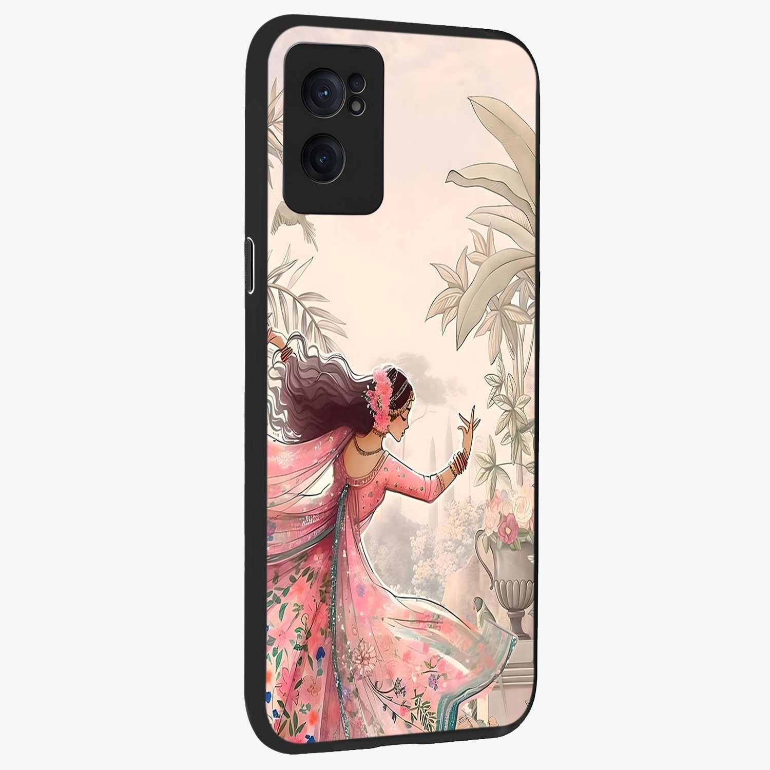 Graceful Garden Rhythm Glass Case for 1+Nord CE 2  angled mockup showcasing glossy glass finish and soft bloom detailing