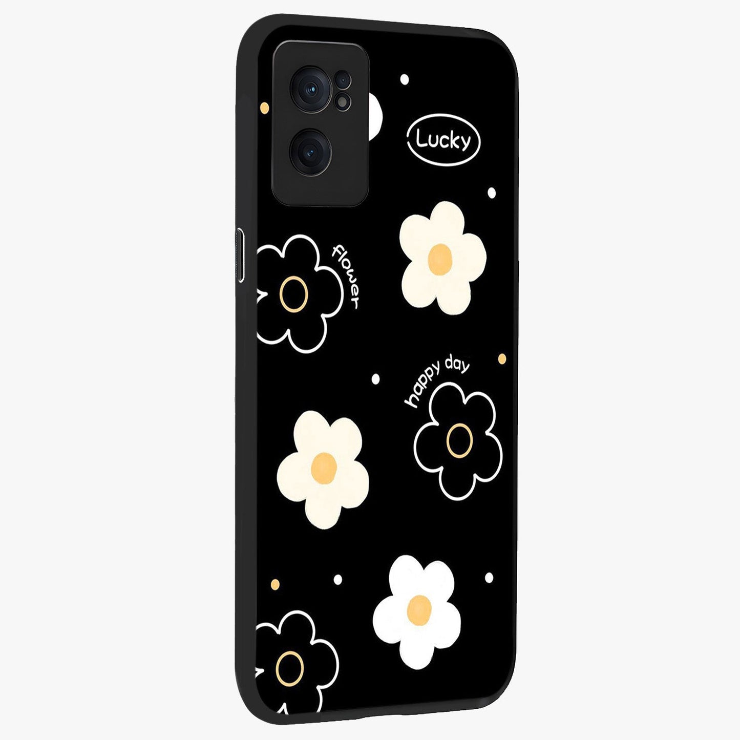 Happy Day Daisy Glass Case for 1+Nord CE 2  angled mockup showcasing glossy finish and vibrant bloom tones
