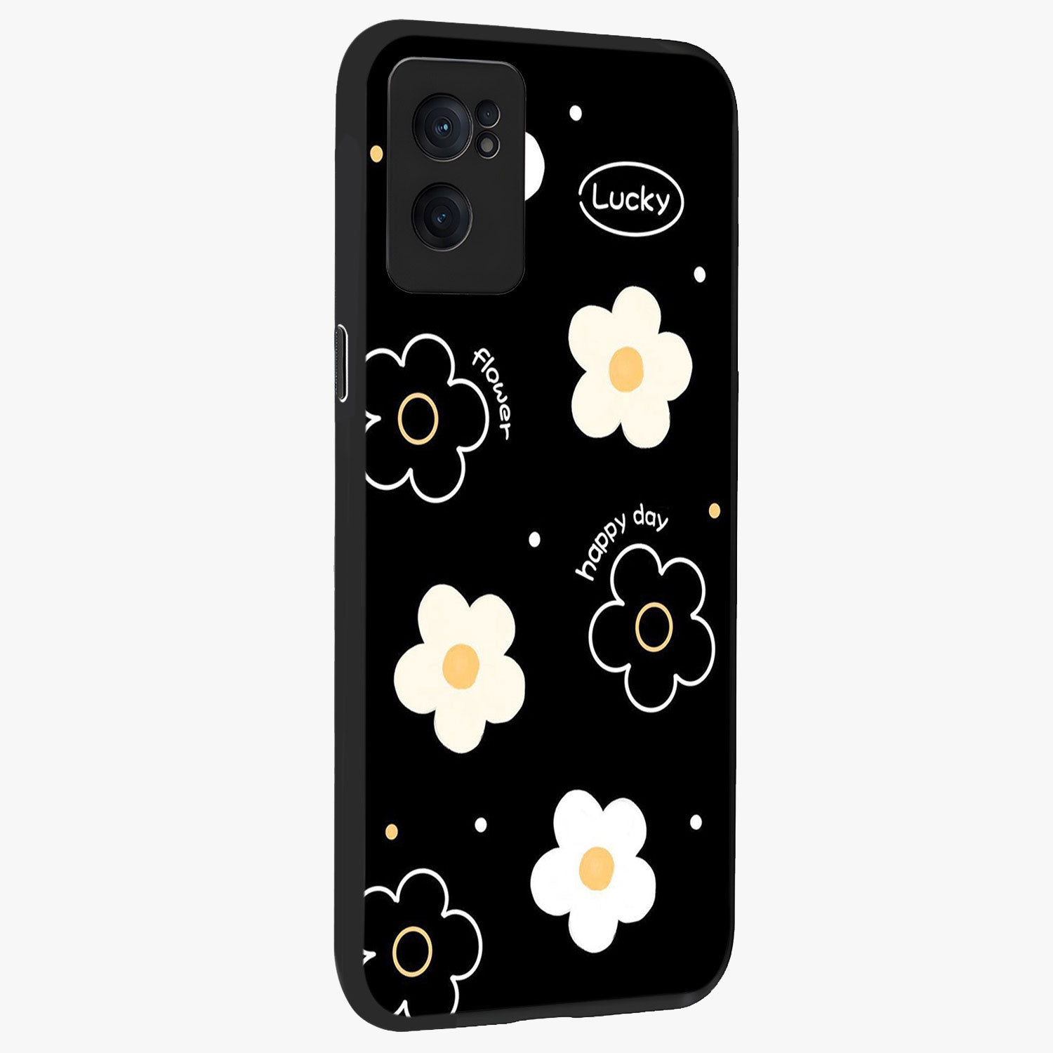 Happy Day Daisy Glass Case for 1+Nord CE 2  angled mockup showcasing glossy finish and vibrant bloom tones