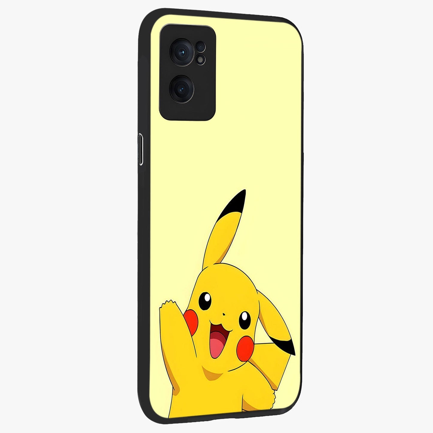 Happy Electric Pikachu Glass Case for 1+Nord CE 2  angled mockup showcasing glossy finish and vibrant yellow tones