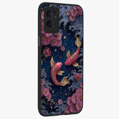 Koi Wave Dance Glass Case for 1+Nord CE 2  angled mockup showcasing glossy finish and vibrant aquatic tones