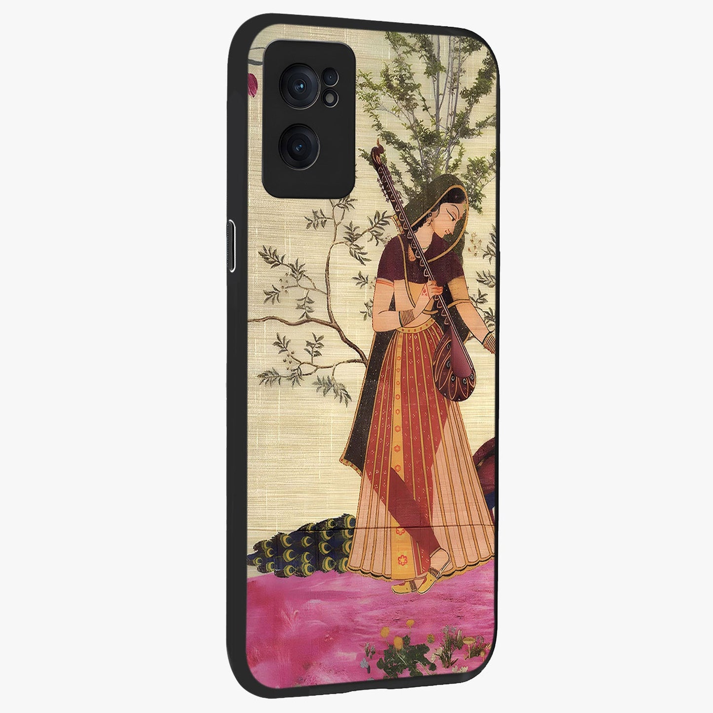 Lady With Veena Art Glass Case for 1+Nord CE 2  angled mockup showcasing glossy finish and refined artistic detailing