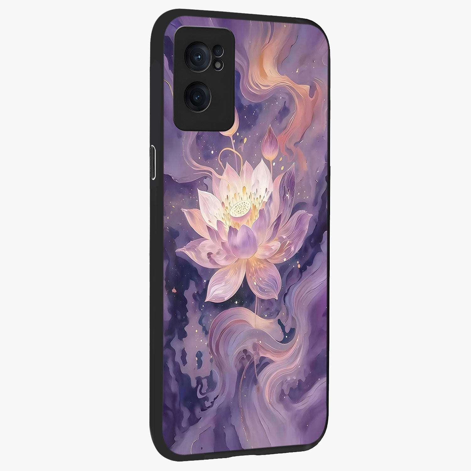 Lavender Lotus Muse Glass Case for 1+Nord CE 2  angled mockup showcasing glossy finish and refined floral detailing