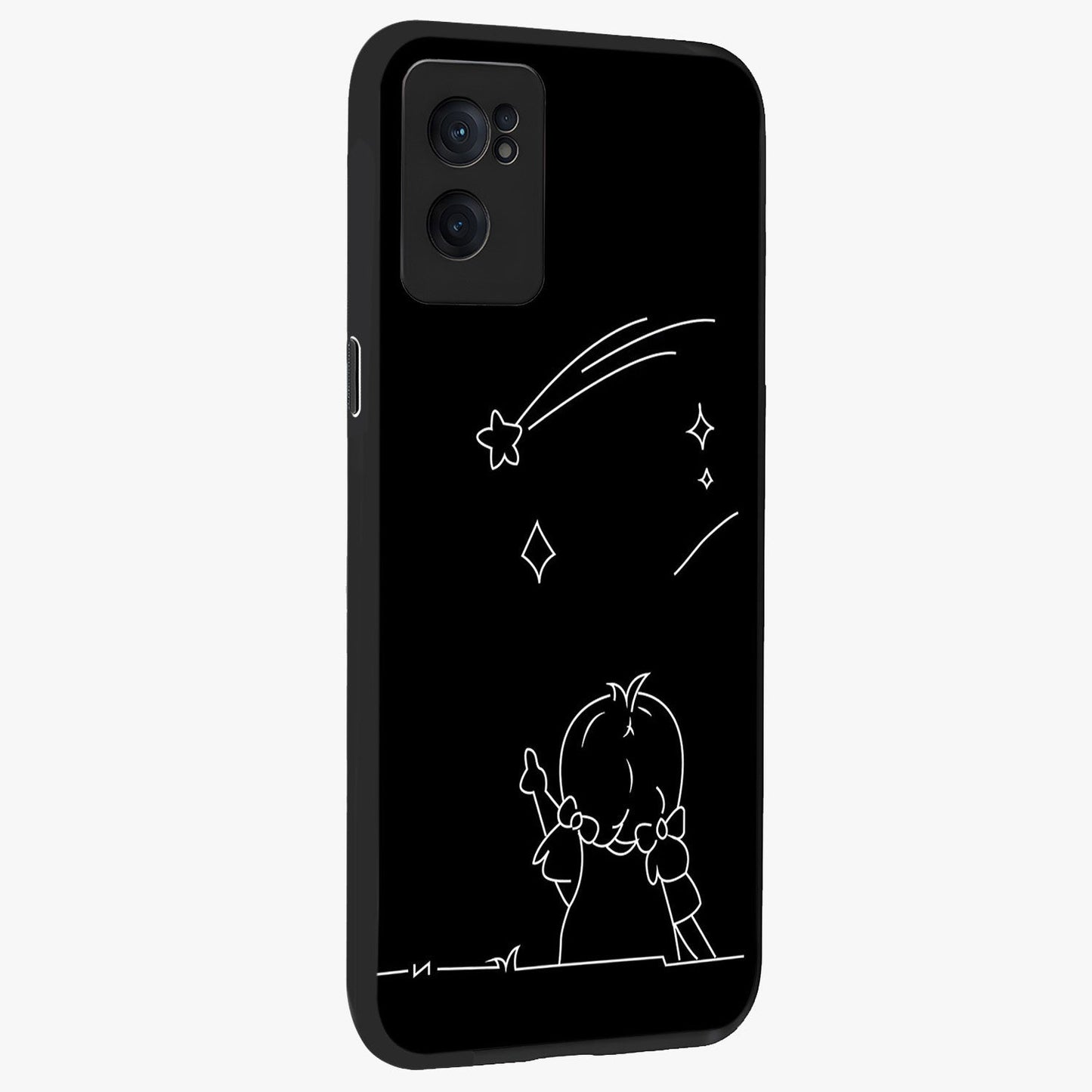 Line Art Girl With Shooting Stars Glass Case for 1+Nord Ce 2  angled mockup showcasing glossy finish and refined artistic detailing