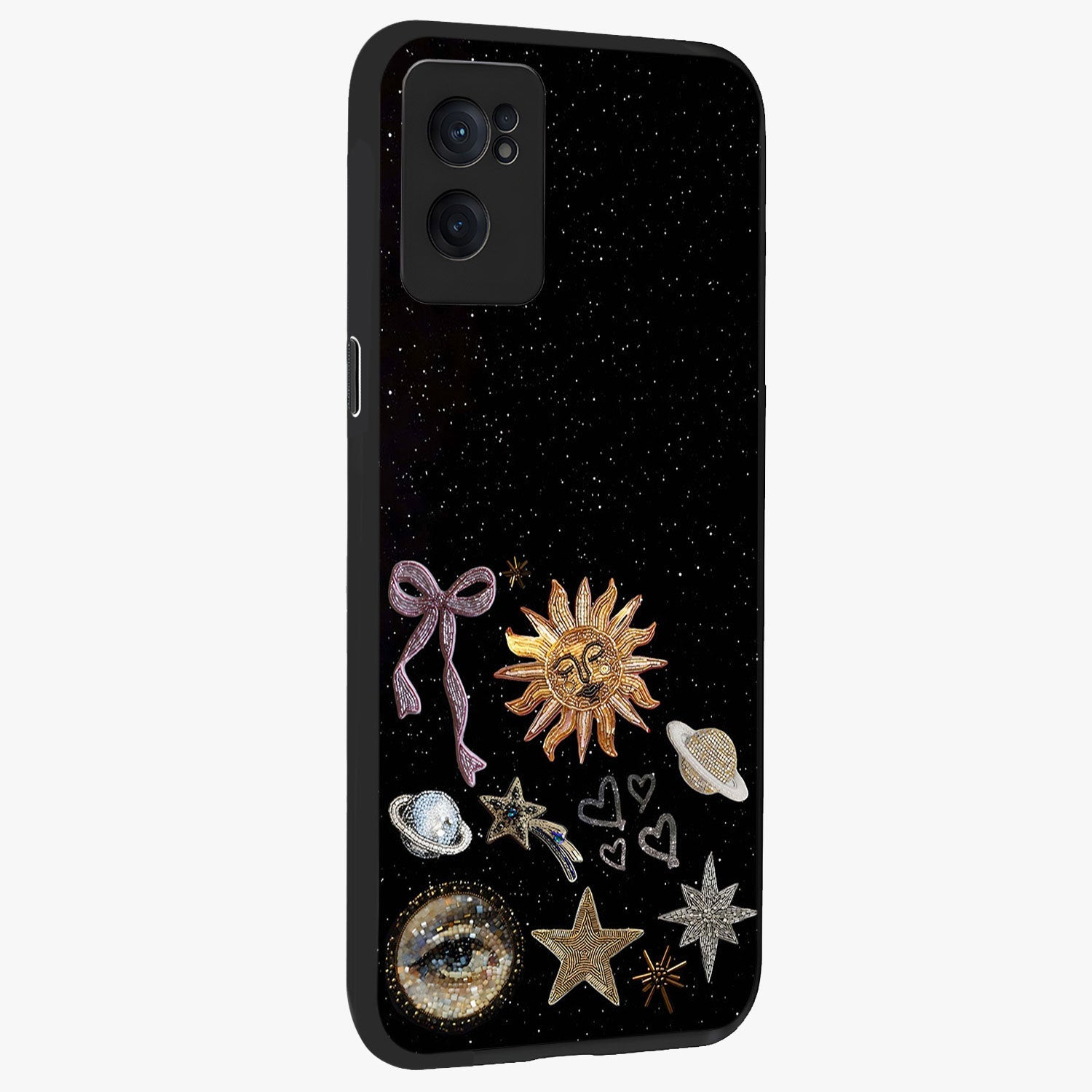 Magical Jewelry Vibe Glass Case for 1+Nord CE 2  angled mockup showcasing glossy finish and sparkling detailing