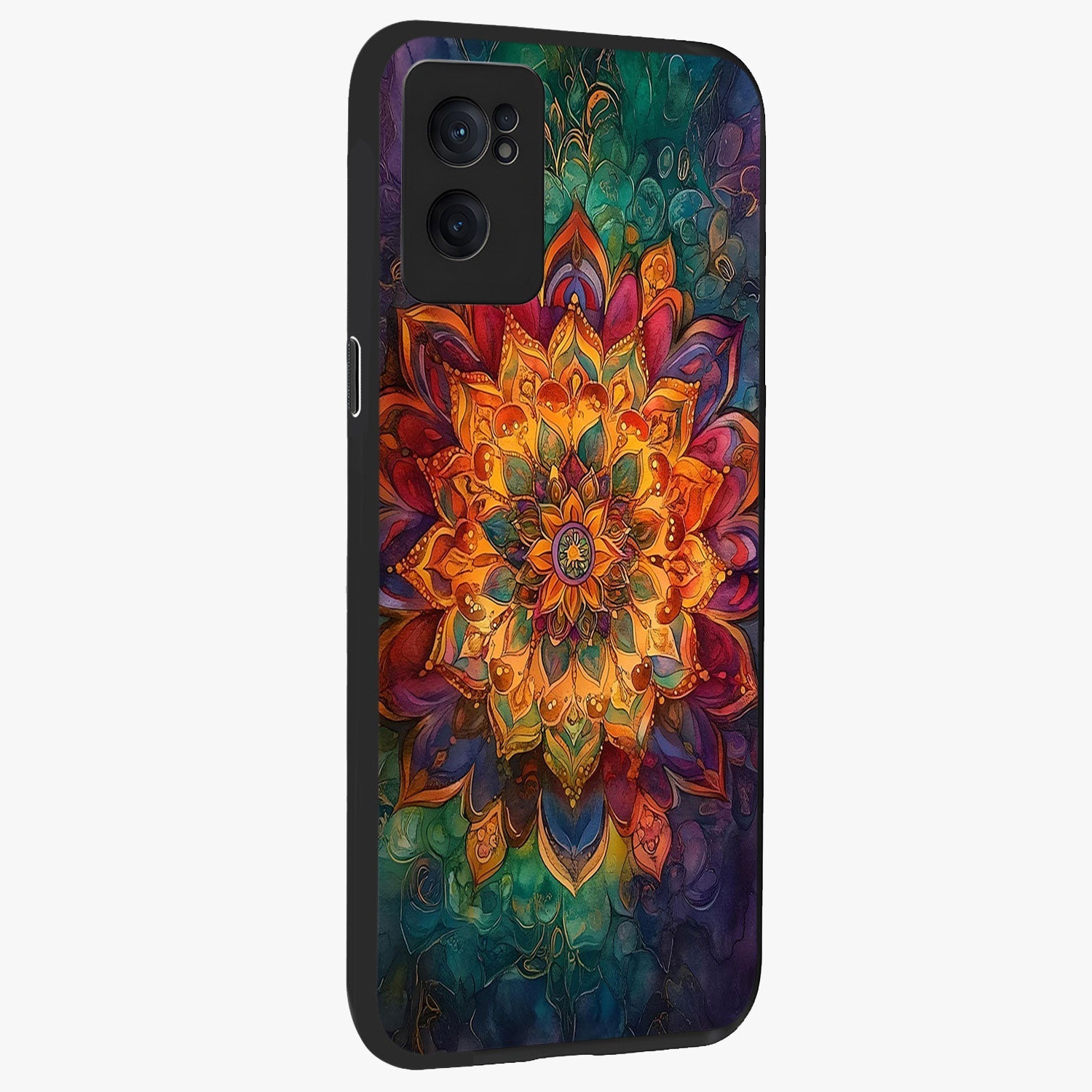 Mandala Vibrants Glass Case for 1+Nord CE 2  angled mockup showcasing glossy finish and intricate geometric detailing