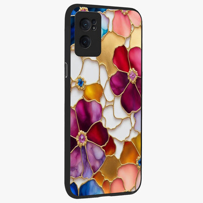 Marble Flower Pattern Glass Case for 1+Nord CE 2  angled mockup showcasing glossy finish and detailed bloom accents