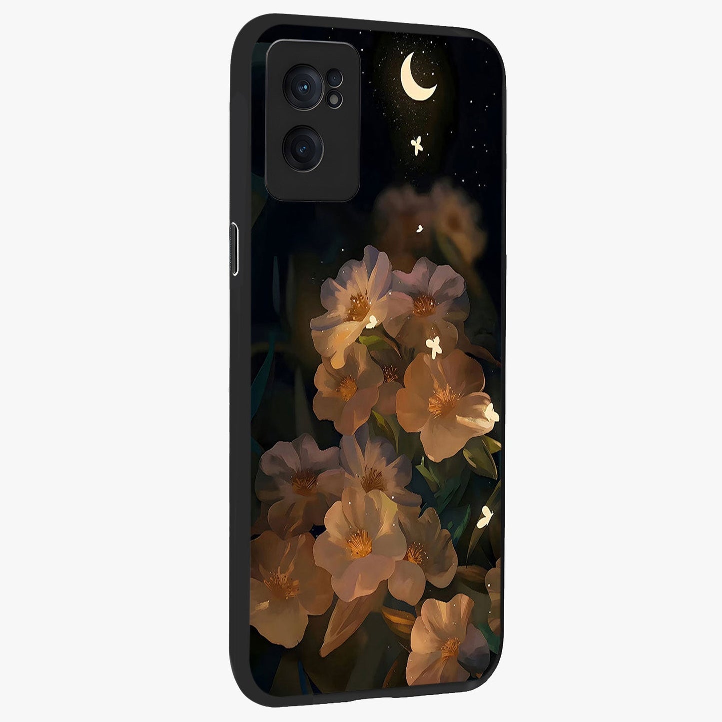 Midnight Bloom Trail Glass Case for 1+Nord CE 2  angled mockup showcasing glossy finish and luminous bloom accents