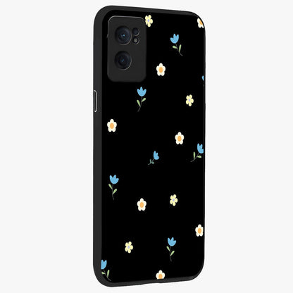 Minimalistic Blue With White Flower Pattern Glass Case for 1+Nord CE 2  angled mockup showcasing glossy finish and crisp clean detailing