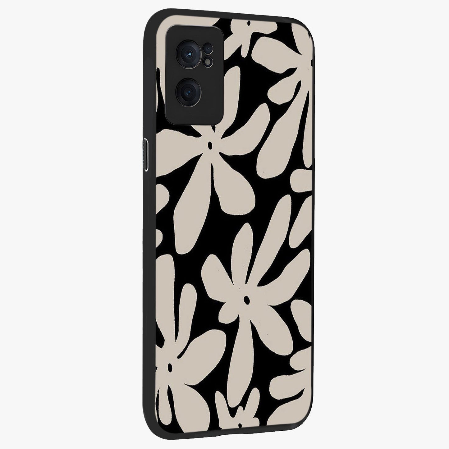 Monochrome Petal Dance Glass Case for 1+Nord Ce 2  angled mockup showcasing glossy finish and elegant contrast detailing