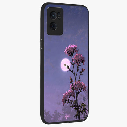 Moonlit Petal Night Glass Case for 1+Nord Ce 2  angled mockup showcasing glossy finish and subtle moonlight detailing