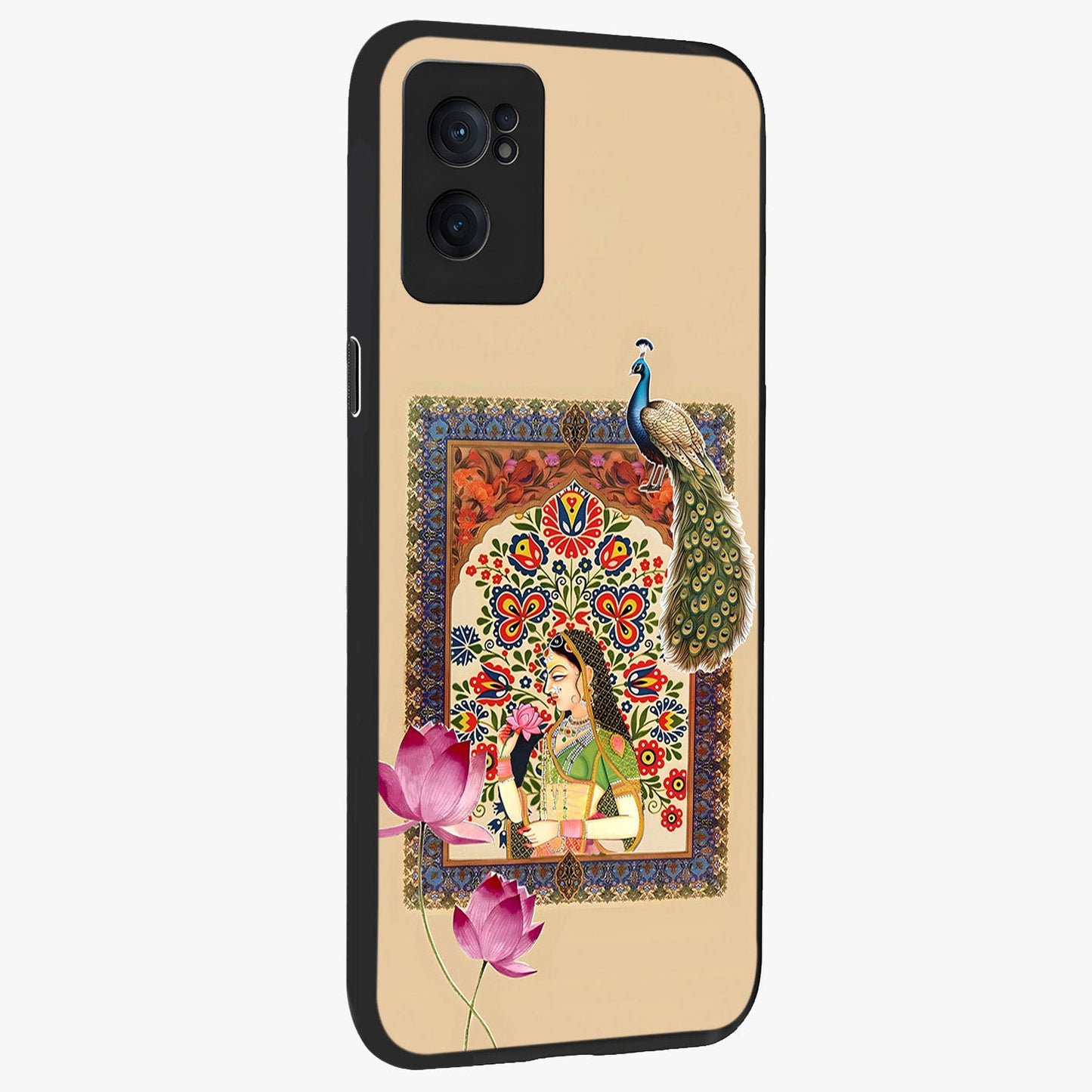 Mughal Princess and Peacock Glass Case for 1+Nord CE 2  angled mockup showcasing glossy finish and rich heritage tones