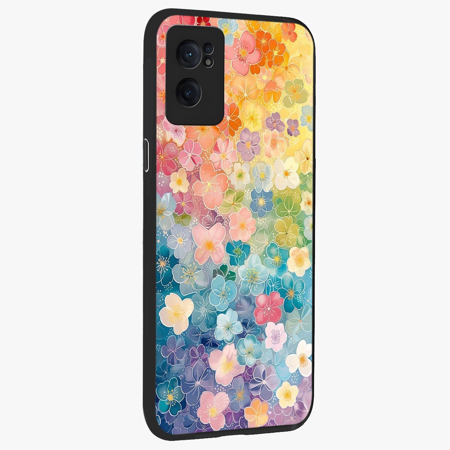 Multiple Background With Flower Glass Case for 1+Nord CE 2  angled mockup showcasing glossy glass finish and colorful detailing