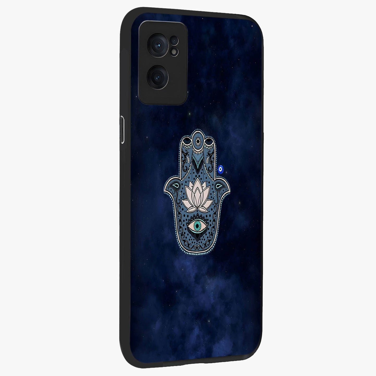 Mystic Calm Shield Glass Case for 1+Nord CE 2  angled mockup showcasing glossy finish and subtle mystical detailing