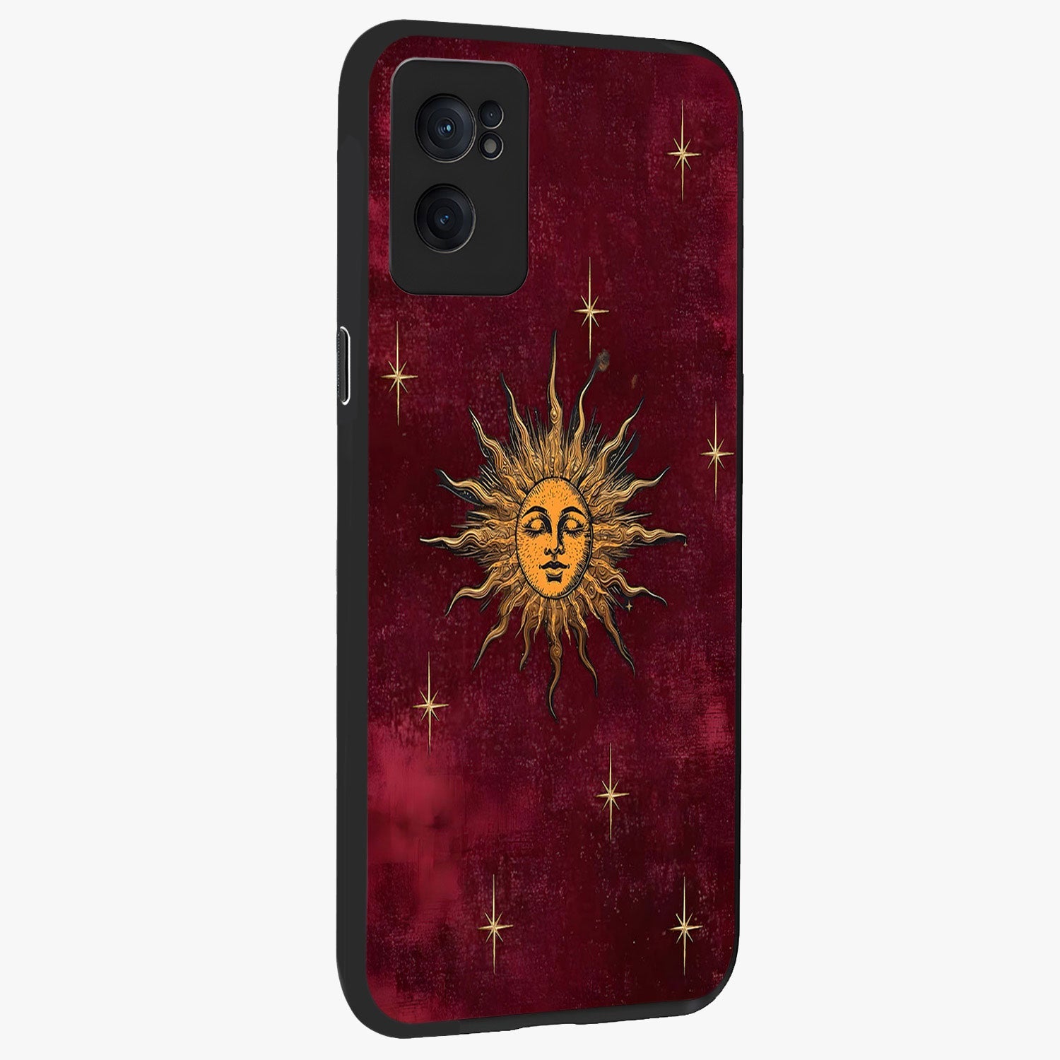 Mystic Solar Glow Glass Case for 1+Nord CE 2  angled mockup showcasing glossy glass finish and warm golden tones