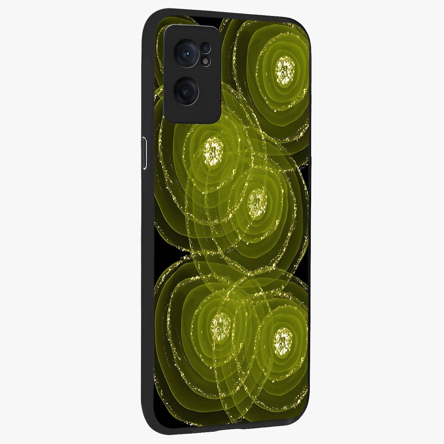 Neon Orbit Bloom Marble Glass Case for 1+Nord Ce 2  angled mockup showcasing glossy finish and vibrant bloom detailing