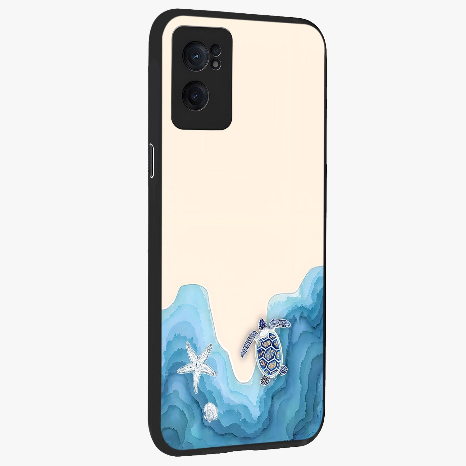 Ocean Drift Turtle Glass Case for 1+Nord Ce 2  angled mockup showcasing glossy glass finish and fluid wave detailing