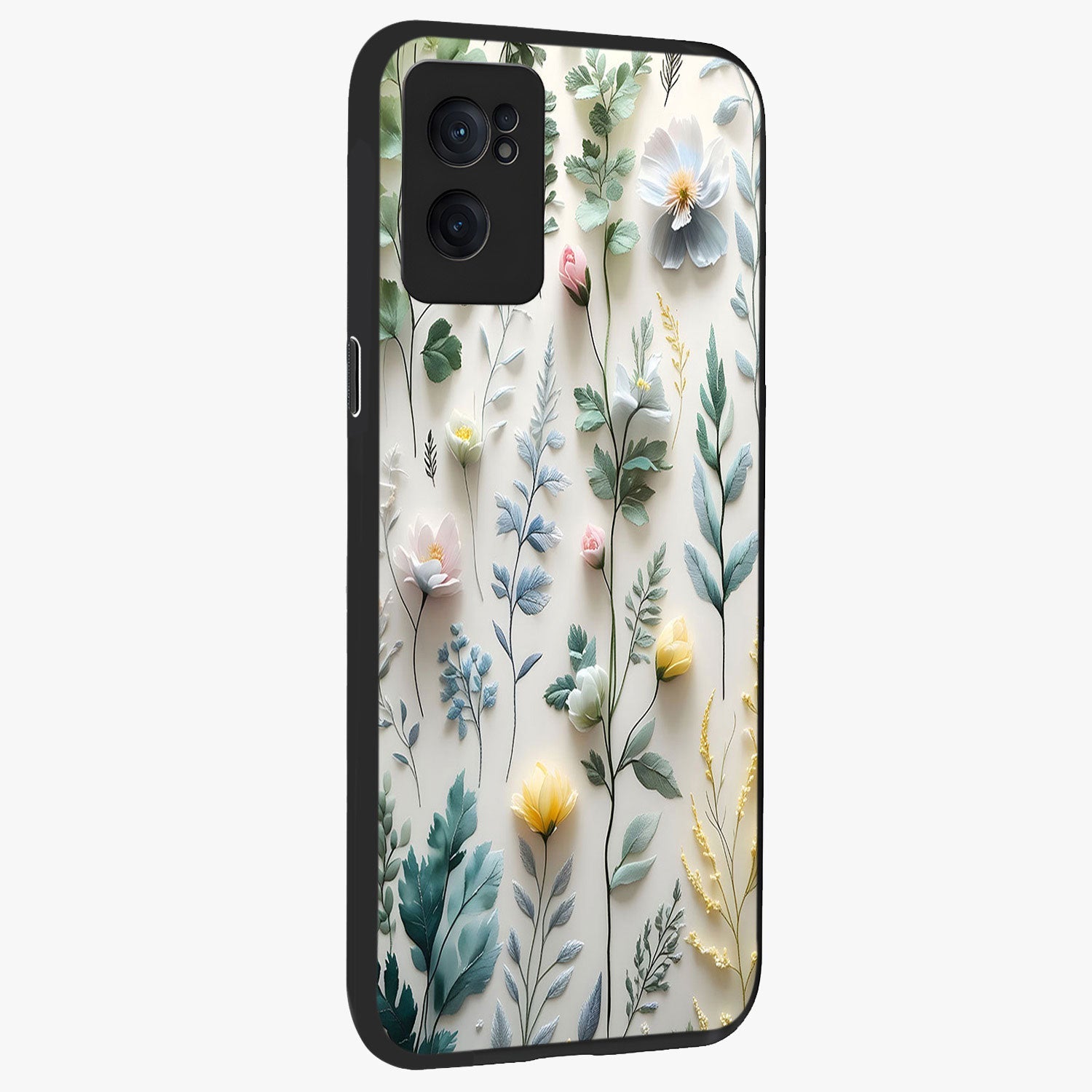 Pastel Garden Whispers Glass Case for 1+Nord CE 2  angled mockup showcasing glossy finish and gentle bloom tones