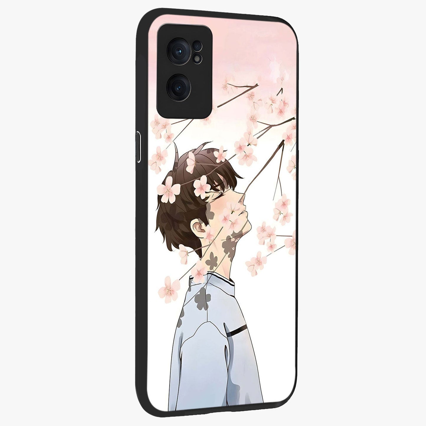 Pink Blossom Boy Glass Case for 1+Nord CE 2  angled mockup showcasing glossy finish and soft bloom tones