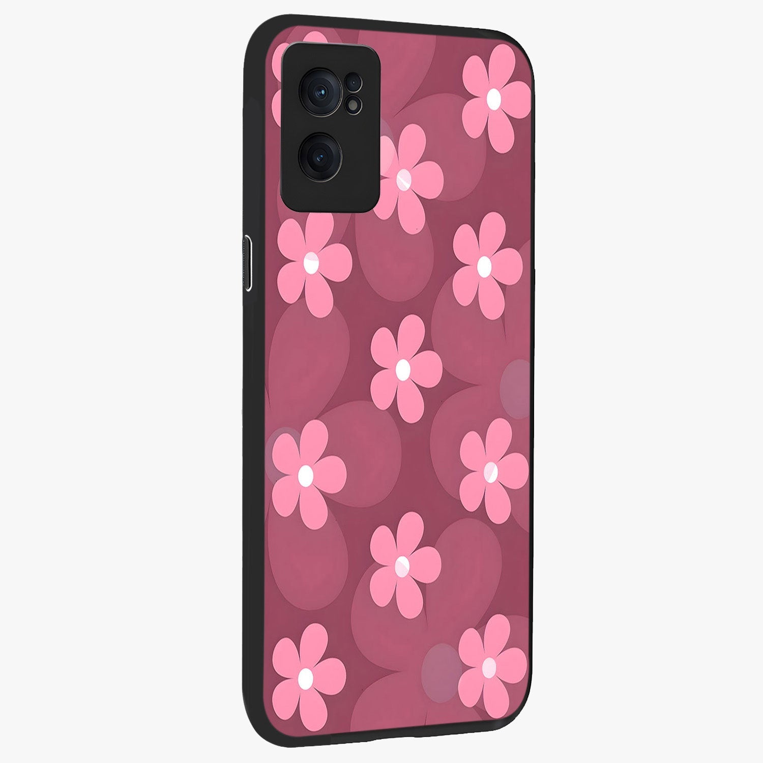 Pink Daisy Flower Pattern Glass Case for 1+Nord CE 2  angled mockup showcasing glossy finish and playful bloom detailing