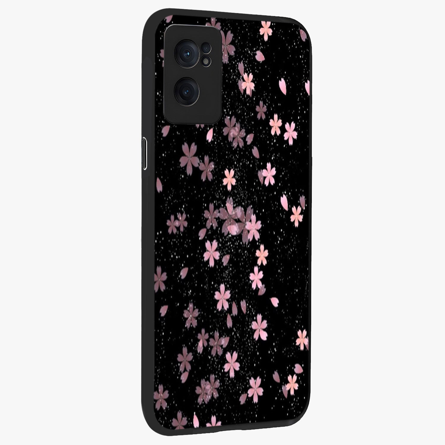 Pink Flower Black Background Glass Case for 1+Nord CE 2  angled mockup showcasing glossy finish and bold contrast tones