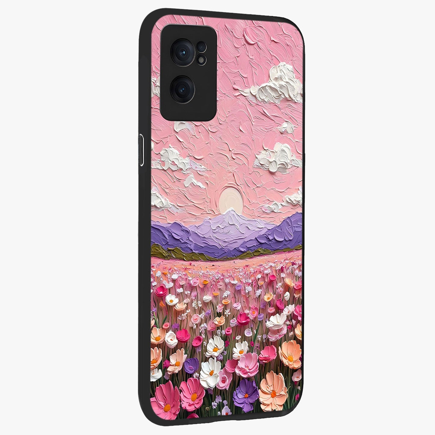 Pink Pastel Groovy Art Glass Case for 1+Nord CE 2  angled mockup showcasing glossy finish and vibrant abstract detailing