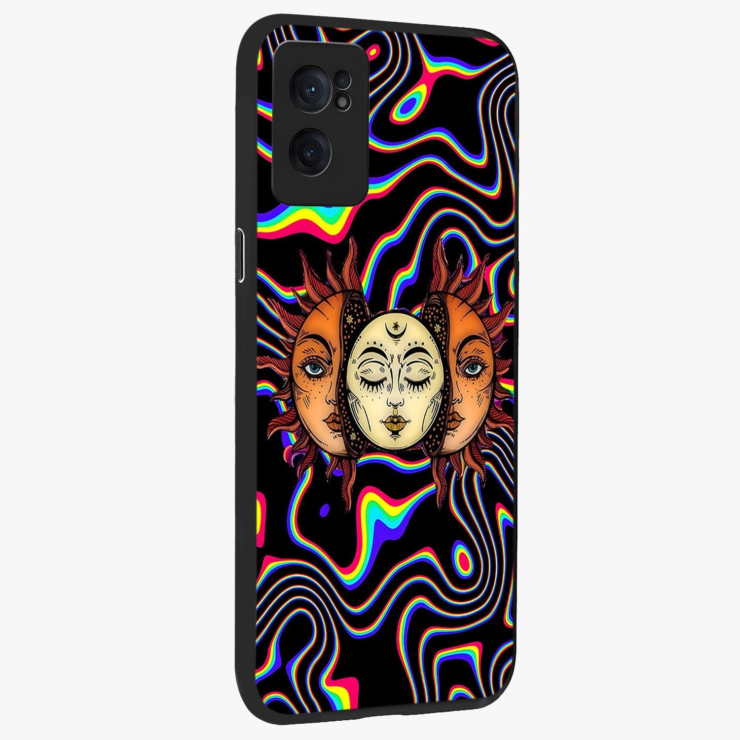 Psychedelic Sun Glass Case for 1+Nord Ce 2  angled mockup showcasing glossy finish and bold abstract detailing
