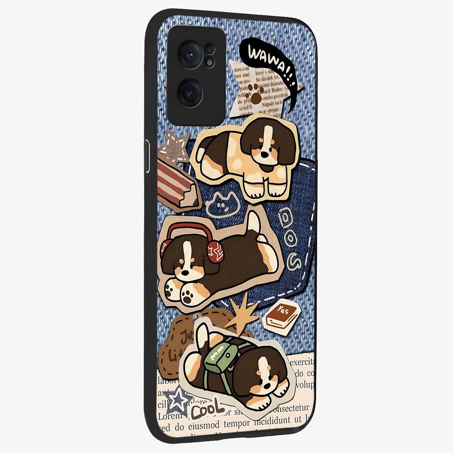 Puppy Sticker Parade Glass Case for 1+Nord CE 2  angled mockup showcasing glossy finish and colorful cartoon detailing