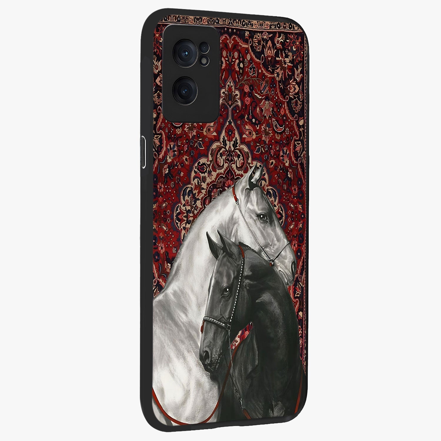 Regal Stallion Tapestry Glass Case for 1+Nord Ce 2  angled mockup showcasing glossy finish and rich ornamental tones
