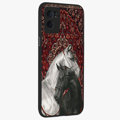 Regal Stallion Tapestry Glass Case for 1+Nord Ce 2  angled mockup showcasing glossy finish and rich ornamental tones