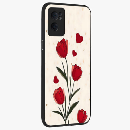 Romantic Tulip Hearts Glass Case for 1+Nord CE 2  angled mockup showcasing glossy glass finish and soft romantic tones